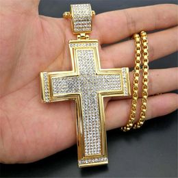 Collares colgantes Hip Hop Iced Out Big Cross Collar para hombres Color oro Acero inoxidable Rhinestone Hiphop Joyería cristiana Colgante