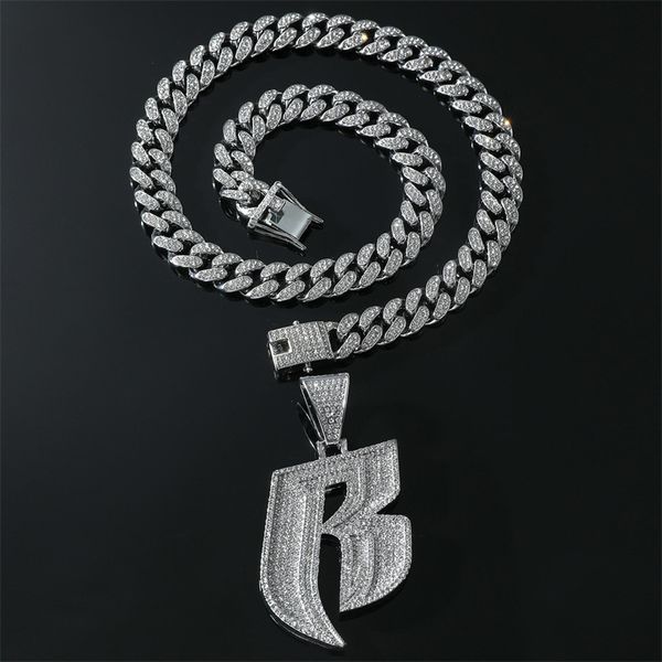 Pendentif Colliers Hip Hop Glacé Grand Cristal Lettre R Pendentif Collier Avec Longue Chaîne Ras Du Cou Pour Hommes Femmes Colliers Fit Ruff Ryders Bijoux 230703