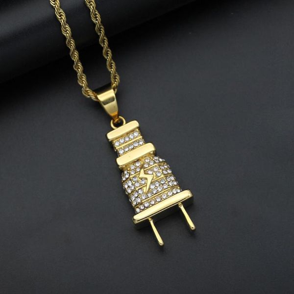 Collares pendientes Hip Hop Iced Out Bling Enchufe eléctrico Hombre Acero inoxidable Collar de cadena de oro para Mujeres Hombres Joyería Hiphop