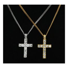 Collares colgantes Hip Hop Iced Out Cross Collar Crystal Rhinestone Religión Jesús Crucifijo Charm Gold Sier Cuban Link Chain para mí OTL2Q