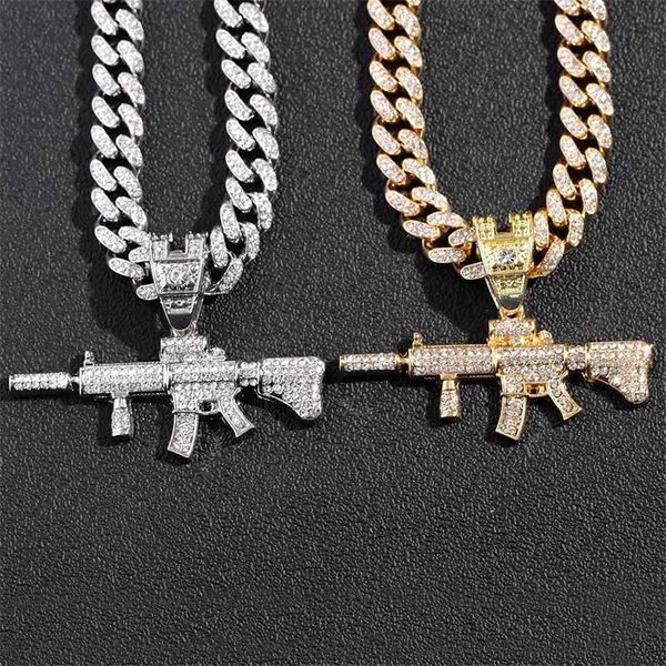 Pendentif Colliers Hip Hop Iced Out Cristal Ak47 Gun Collier Cubain pour Hommes Femmes De Luxe Cz Chaîne De Tennis Punk Rock Bijoux Cadeau 230613