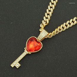 Pendentif Colliers Hip Hop Glacé Chaîne Cubaine Bling Diamant Pierre Rouge Rubis Clé Hommes Miami Charme Bijoux Pour Femmes Collier Ras Du Cou