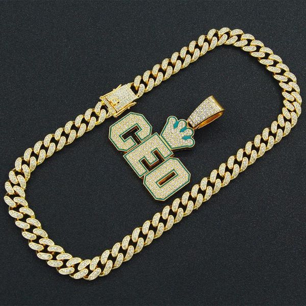 Collares pendientes Hip Hop Iced Out Cadenas cubanas Diamante Carta CEO Hombres Cadena de oro Encanto Conjunto de joyería de moda para hombres Gargantilla Colgante