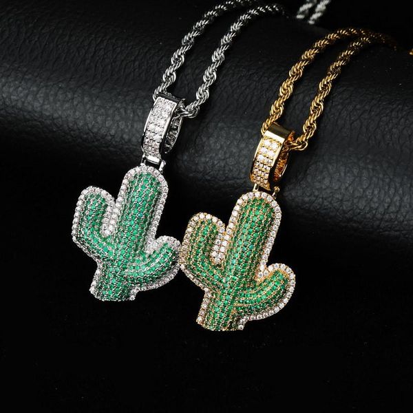 Collares pendientes Hip Hop Iced Out Cubic Zircon Cactus Collar Diseñador de moda Joyería con cadena de 24 pulgadas de regalo