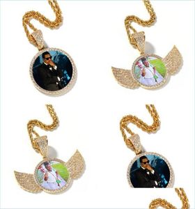 Hip Hop glacé image personnalisée pendentif collier corde chaîne charme rond avec ailes brillantes cuivre Zircon bijoux M4112254