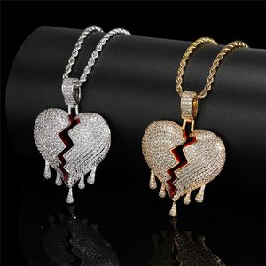 Pendentif Colliers Hip Hop Glacé Plein Zircon Cubique CZ Drop Heart Breaking Collier Corde Chaîne Pour Hommes Femmes Charme Bijoux