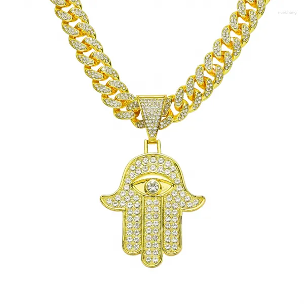 Pendentif Colliers Hip Hop Glacé Strass Cubain Lien Chaîne Or Argent Couleur Fatima Main Collier Pour Hommes Femmes Rappeur Bijoux Cadeau