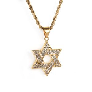 Hanger kettingen Hip Hop Iced Star of David Necklace for Men Gold Color Roestvrij staal Hexagram Joodse sieraden Droppendant