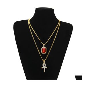 Hanger kettingen hiphop sieraden Egyptische grote ankh sleutelsets mini vierkant ruby ​​saffier met cross charman link voor heren fashio otm1p