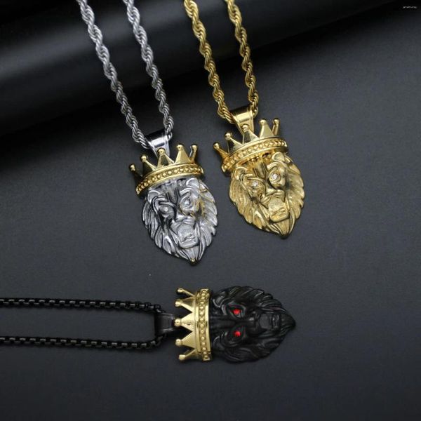 Pendentif Colliers Hip Hop Lion Crown Collier pour hommes Or Couleur 316L Bijoux en acier inoxydable