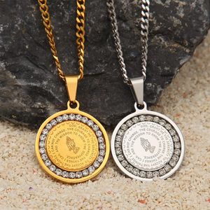 Collares pendientes Hip Hop Hombres Jesús Orando Mano Etiqueta de perro Cadena del ejército para hombres Color dorado Acero inoxidable Biblia Oración Joyería