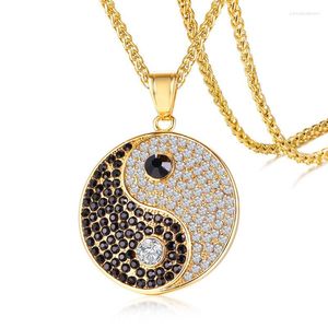 Hanger kettingen Hip Hop Micro Pave Rhinestones Bling Iced Out Gold Rarkless Steel Tai Chi Round Pendnats ketting voor mannen rapper sieraden