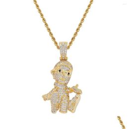 Pendentif Colliers Hip Hop Micro Pavé Zircone Cubique Bling Glacé Or Sier Couleur Dessin Animé Garçon Pendentifs Collier Pour Hommes Drop Delive Dhtxm