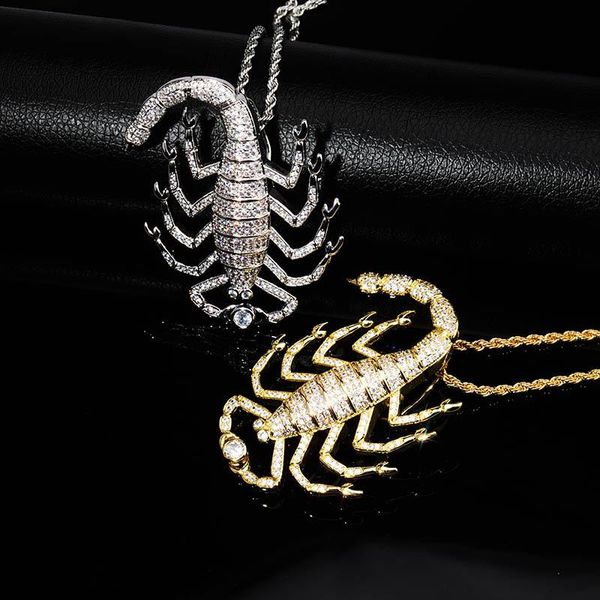 Pendentif Colliers Hip Hop Micro Pavé Cubique Zircone Bling Glacé Animal Scorpion Pendentifs Collier Pour Hommes Rappeur Bijoux Or Rose Couleur