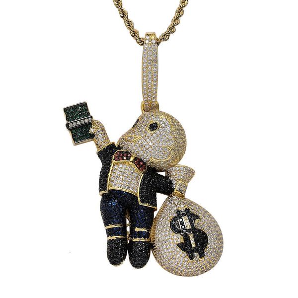 Colliers de pendentif pendentif hip hop en train de saisir des dollars américains chauds avec un sac d'argent avec un collier de zircon coloré
