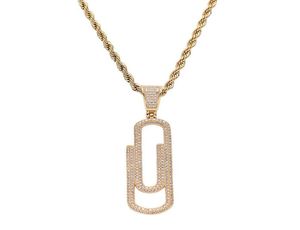 Colliers de pendentif Hip Hop Prong Réglage CZ Stone Bling Out Solid Pin Paper Clip Pendants Collier pour hommes Bijoux de serpents Gold Silv3864992