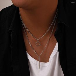 Pendentif Colliers Hip Hop Punk Collier Multicouche Pour Femmes Hommes En Acier Inoxydable Simple Cercles Géométriques Bâton Bijoux