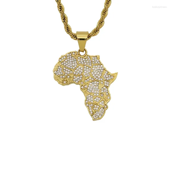 Pendentif Colliers Hip Hop Strass Pavé Bling Glacé Couleur Or En Acier Inoxydable Afrique Carte Pendentifs Pour Hommes Rapper Bijoux