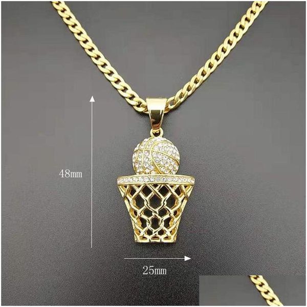 Pendentif Colliers Hip Hop Strass Pavé Bling Glacé Or En Acier Inoxydable Panier De Basket Pendentifs Collier Hommes Rappeur Jewelr DH80T