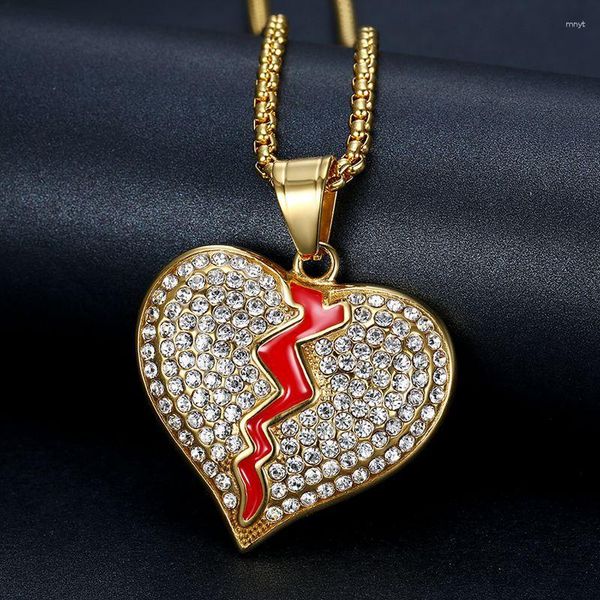 Pendentif Colliers Hip Hop Strass Pavé Bling Glacé En Acier Inoxydable Coeur Brisé Pendentifs Pour Hommes Rappeur Bijoux Goutte