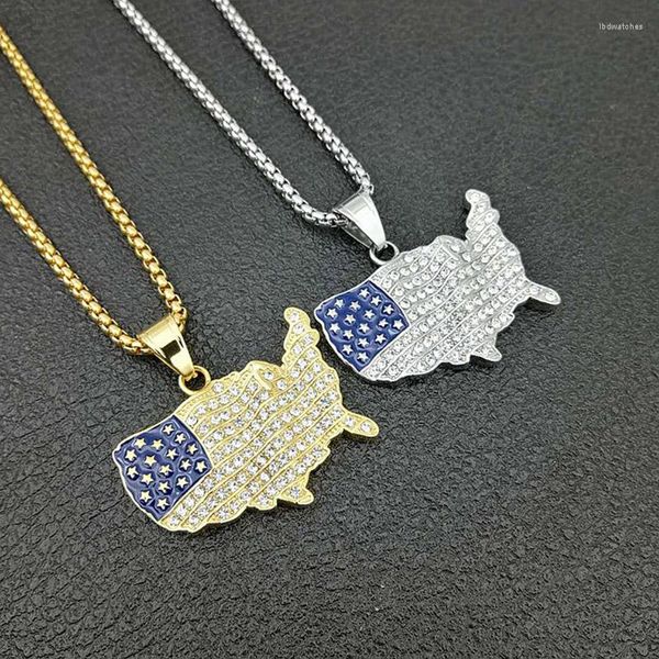 Collares colgantes Hip Hop Rhinestones pavimentados Bling Iced Out Color oro Acero inoxidable Bandera americana Mapa Colgantes Collar para hombres Joyería