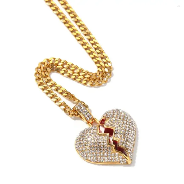 Pendentif Colliers Hip Hop Rock Plein Strass Pavé En Acier Inoxydable Coeur Brisé Pendentifs Collier Pour Hommes Rappeur Bijoux