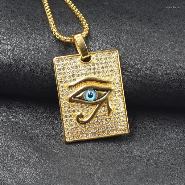 Collares pendientes Hip Hop Rock Full Zircon Bling Out Gold Color 316L Acero inoxidable Horus Eyes Collar cuadrado para hombres Rapper Jewelry