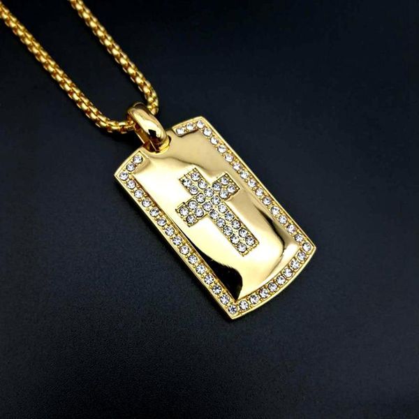 Pendentif Colliers Hip Hop Rock Iced Out Strass Bling Or Couleur Acier Inoxydable Croix Carré Collier Dog Tag Pour Hommes Rappeur JewerlyPen