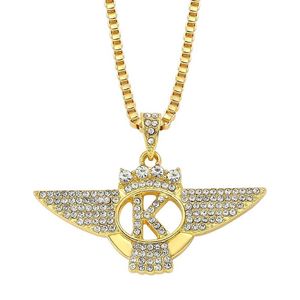 Hanger kettingen Hip Hop Rock ketting Gold Rijnwonden Wings Crown Letter K Pendant ketting Charm Accessoires Hoge kwaliteit Gift J240516