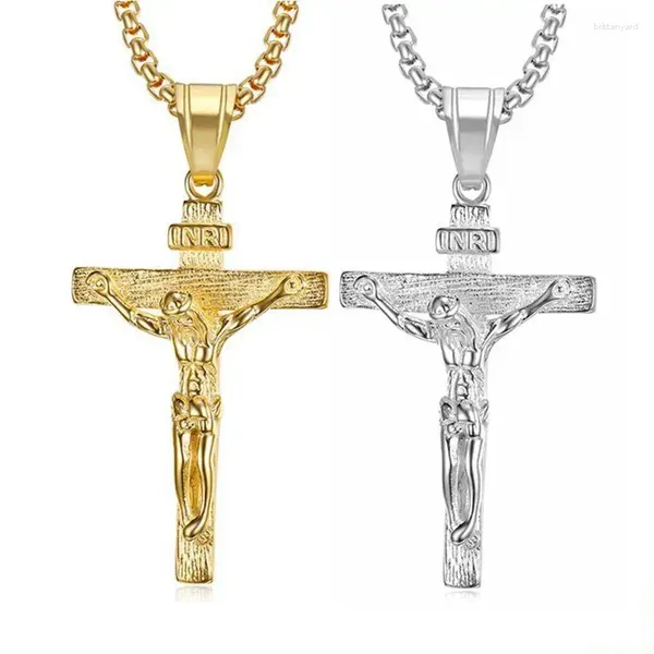 Collares colgantes Hip Hop Rock Acero inoxidable Inri Jesús Crucifix para hombres Joyería Padre Regalo Silver Color