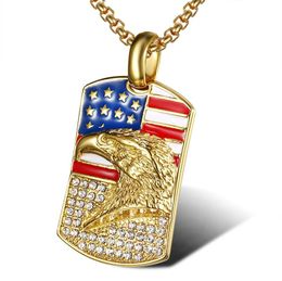 Hip Hop Rock Style drapeau américain aigle collier militaire en acier inoxydable 316L pendentifs d'étiquette d'or pour hommes bijoux stylo