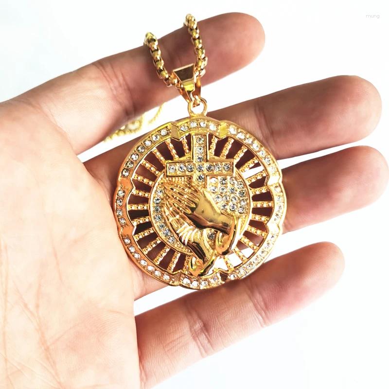 Pendant Necklaces Hip Hop Round Iced Out Praying Hands Stainless Steel Chain Gold Color Cross Prayer Charm Necklace Religious Jewelry