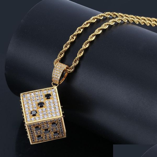 Pendentif Colliers Hip Hop Brillant Carré Dés Collier Cuivre Or Sier Couleur Glacé Cubic Zircon Hommes Bijoux Drop Delivery Pendentifs Dhbg9