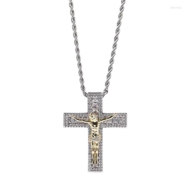 Pendentif Colliers Hip Hop Carré CZ Pierre Pavé Bling Glacé Deux Tons Jésus Pièce Croix Pendentifs Pour Hommes Rappeur Bijoux Cadeau