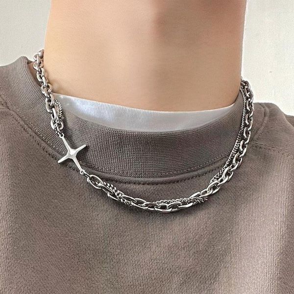 Collares colgantes Cross de acero inoxidable de hip hop para mujeres hombres punk de doble capa cadena de empalme tendencia tendencia al cuello