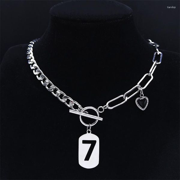 Pendentif Colliers Hip Hop acier inoxydable chanceux numéro 7 chaîne collier femmes/hommes couleur argent amour coeur bijoux collier Acero NXH330S03