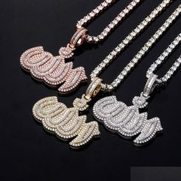 Pendentif Colliers Hip Hop Wave Rise Collier Fl Zircon 14K Réel Plaqué Or Bijoux Drop Delivery Pendentifs Dhflu