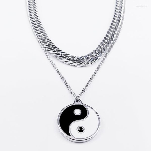 Collares pendientes Hip Hop Yin Yang Tai Chi Acero inoxidable doble capa cadena cubana collar mujeres Kpop YinYang Punk moda Y2K joyería