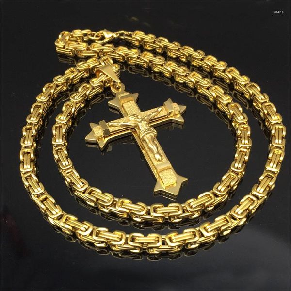 Collares colgantes hiphop 361l acero inoxidable dorado color cristal jesus cruz 5 mm enlace pesado collar de hombres bizantinos