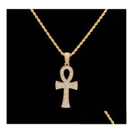 Collares colgantes Hiphop Egipcio Ankh Key Gold Sier Bling Rhinestone Crystal Crucifijo Collar para hombre Hip Hop Drop Entrega Dhnjc