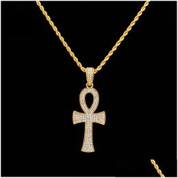 Colliers pendants hiphop égyptien ankh clé or sier bling strass de cristal crucifix croix collier pour hommes bijoux de fête hip hop d dhxlu
