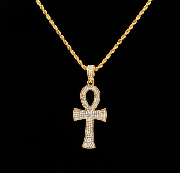 Collares colgantes Hiphop egipcio Ankh clave collares oro plata Bling Rhinestone cristal crucifijo colgante collar para hombre Hip Hop fiesta joyería 6177040
