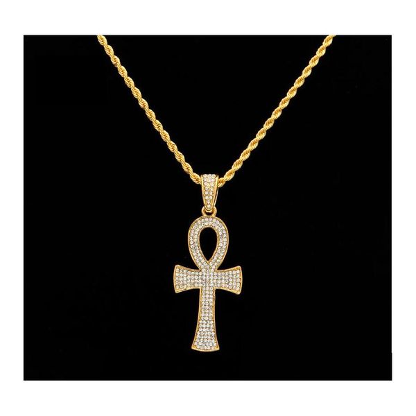 Pendentif Colliers Hiphop égyptien Ankh clé or Sier Bling strass cristal Crucifix croix collier pour hommes Hip Hop fête bijoux Othsw