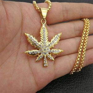 Pendentif Colliers Hiphop Iced Out Bling Feuille Avec Chaîne En Acier Inoxydable Or Couleur Or Cou Collier Hippie Bijoux DropPendant Colliers