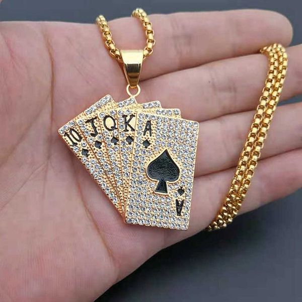 Pendentif Colliers Hiphop Iced Out Carte À Jouer Droite Flush Pendentif Avec Chaîne En Acier Inoxydable Collier De Poker Pour Hommes Bijoux En Or Dropshipping T230413