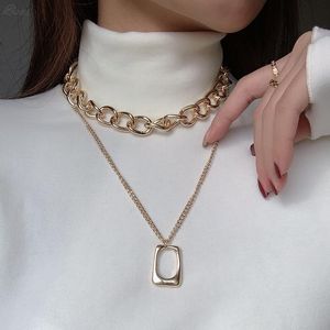Collares colgantes Hiphop multicapa cadena gruesa geométrico hueco rectángulo Metal collar para mujer accesorios de joyería