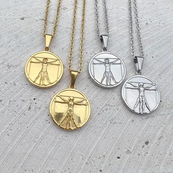 Collares pendientes Hiphop Vitruvian Man Collar Acero inoxidable Jesús Cruz Joyería Moda Da Vinci Diseño Encantos Cadena larga