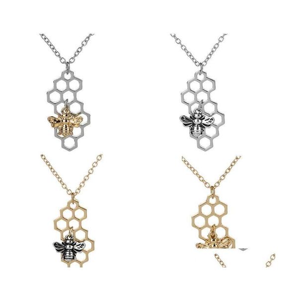 Pendentif Colliers Ruche Sier Or Abeille Sur Le Nid D'abeille Pendentifs Charme Bijoux Personnalisés Mode Animal Géométrique Collier Drop Delivery Otehf