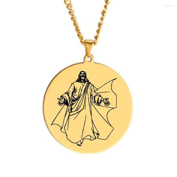 Colliers pendentifs HLSS140 Jésus-Christ nous protège en vous saluant à bras ouverts Talisman Amulette Collier de marquage laser en acier inoxydable