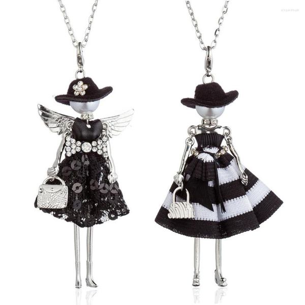 Pendentif Colliers HOCOLE Mode Noir Chapeau Fille Poupée Cristal Aile Paillettes Bande Robe Alliage Collier Femmes Accessoires Bijoux